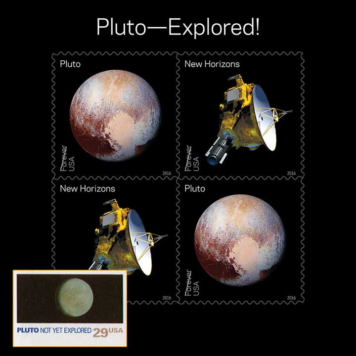 На світлині — блок марок із зображенням карликової планети Плутон, отриманих у 2015 р. На врізці у нижньому лівому куті показано марку 1991 р.