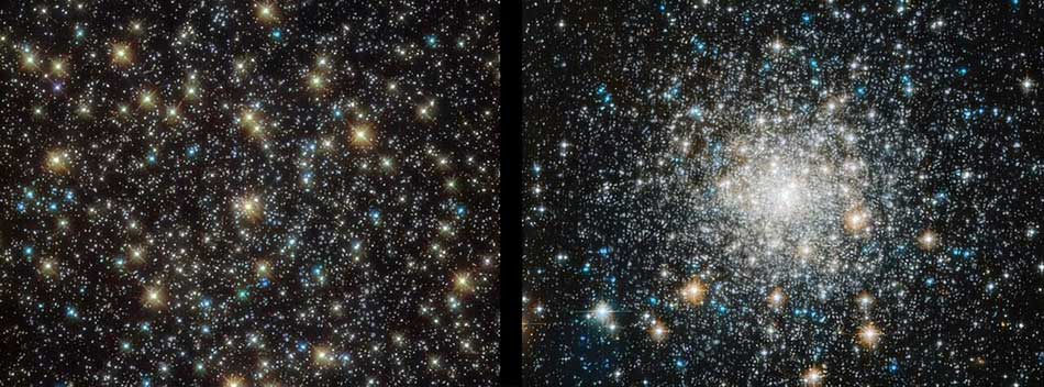 Порівняльне зображення двох кулястих скупчень: NGC 3201 (ліворуч) та Messier 70 (праворуч). Зоряне скупчення праворуч має помітну компактну форму, бо зорі поблизу центра об’єкта містяться дуже близько одна до одної. На противагу цьому, зоряне скупчення ліворуч менш компактне, оскільки зорі більш розкидані одна від одної в полі зору. Авторські права на зображення: ESA/Hubble & NASA. Фото з сайту https://phys.org. news 23 01 26 v